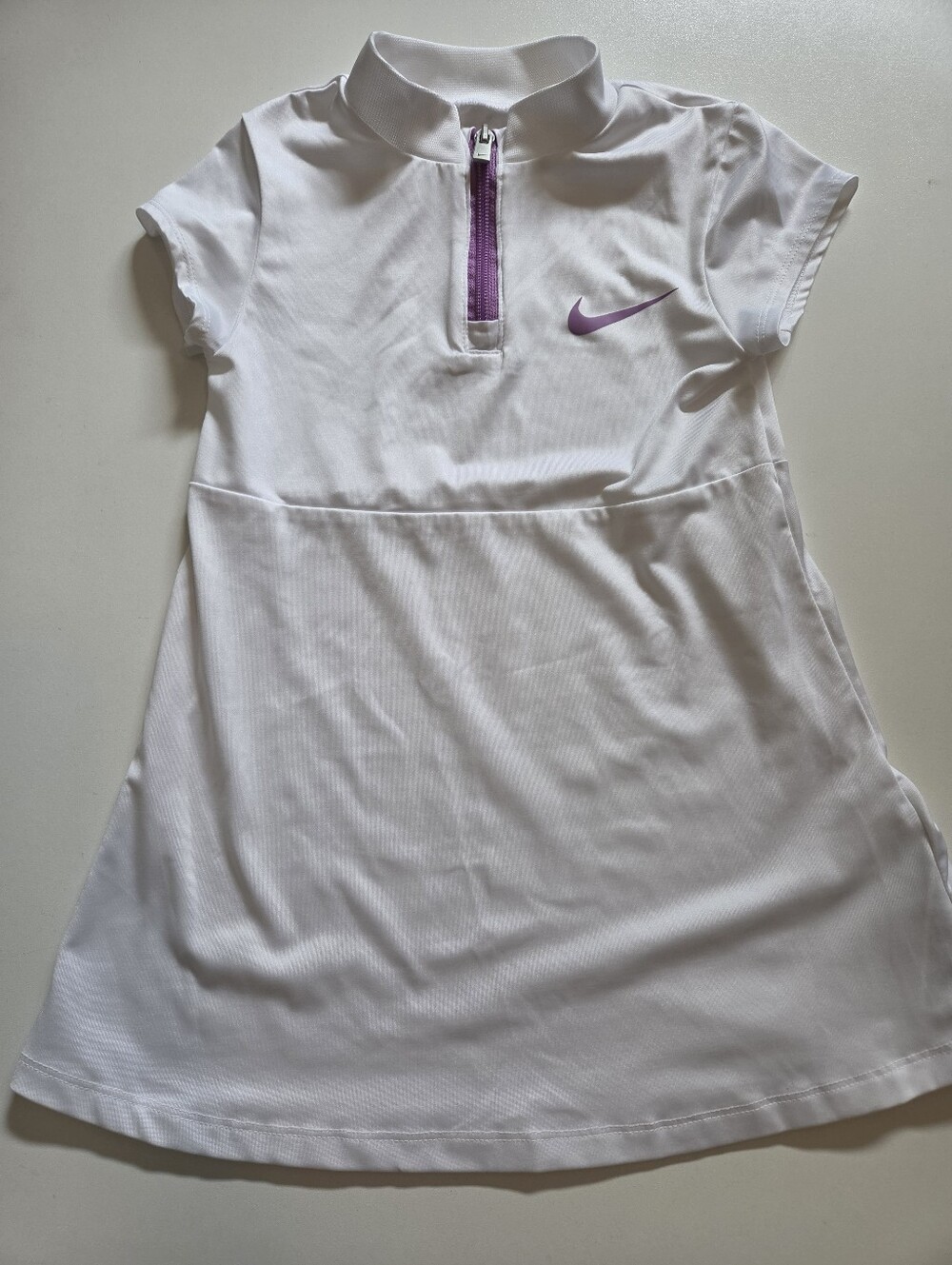 Nike White Kids Short-Sleeve Tennis Dress with Purple Zip & Swoosh